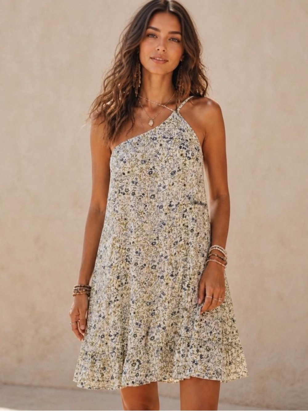 American Eagle Outfitters One-Shoulder Floral Sundress in Cream and Navy